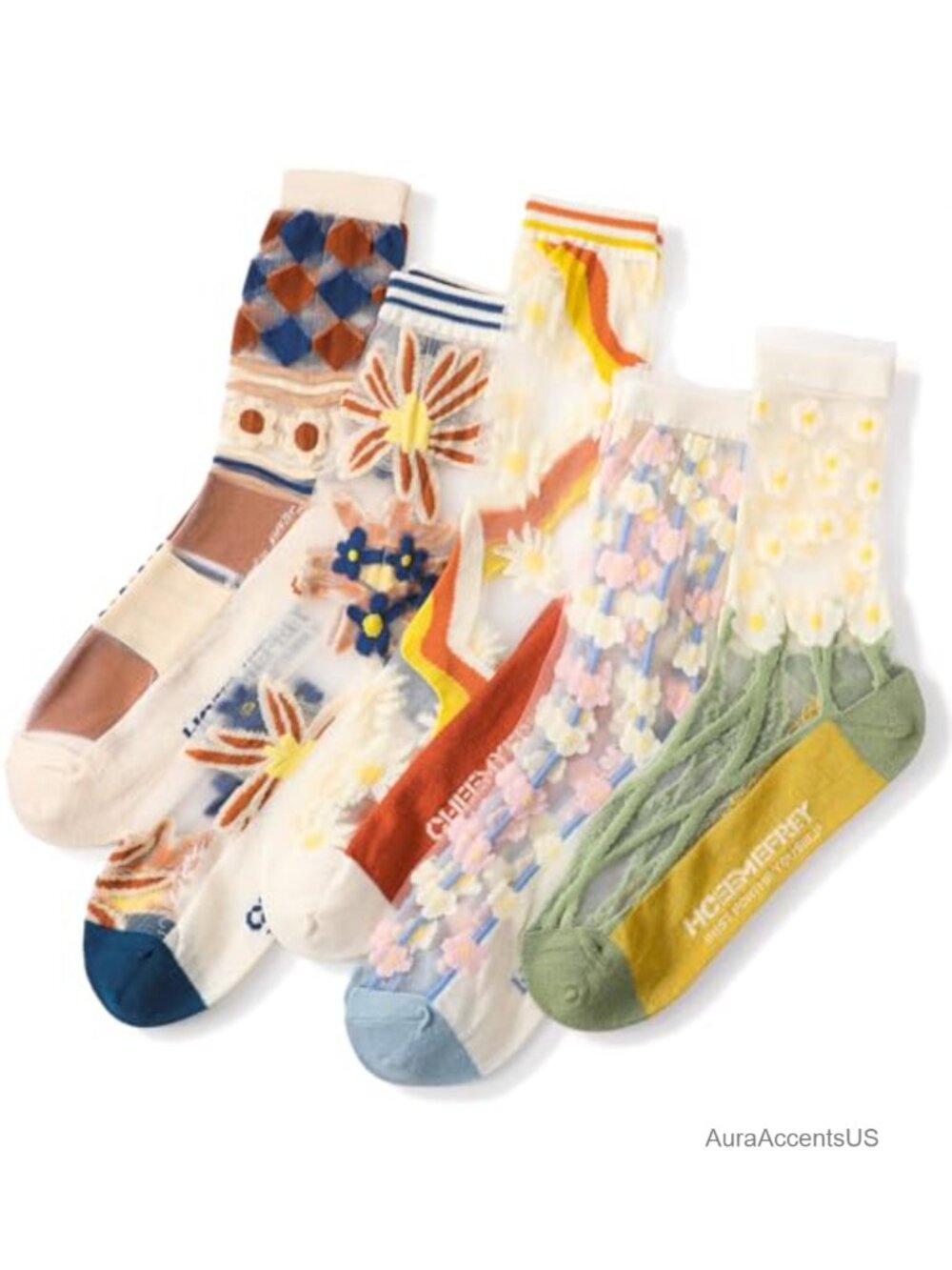 Vintage Floral Sheer Ankle Socks for Women - 5 Pack Lace Hollow Cutout